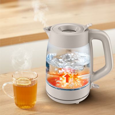 Fierbator de apa Tefal Morning KO2G0BE0, 2000 W, 1.7 L, vas din sticla cu gradatii, iluminare ambientala, filtru detasabil, functie oprire automata, baza rotativa, crem