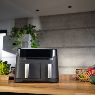 Friteuză cu aer cald dublă Dual Easy Fry&Grill Tefal EY905B10, 2700 W, capacitate 8.3 L - Air fryer cu 8 programe automate, Tehnologia ExtraCrisp, vas detasabil antiadeverent, Display LCD, gri