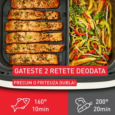 Friteuză dubla cu aer cald Tefal Dual Easy Fry Flex EY9228E0, 2700W, 9L, 7 programe, cuvă dublă, accesoriu FlexCook, oprire automată, display LCD, fereastră supraveghere, temperatură 40°C - 200°C, negru & argintiu