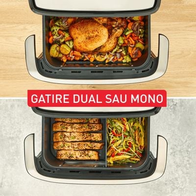Friteuză dubla cu aer cald Tefal Dual Easy Fry Flex EY9228E0, 2700W, 9L, 7 programe, cuvă dublă, accesoriu FlexCook, oprire automată, display LCD, fereastră supraveghere, temperatură 40°C - 200°C, negru & argintiu