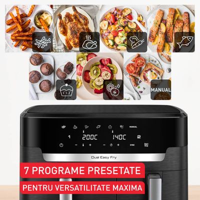 Friteuză cu aer cald dublă Tefal Dual Easy Fry XXL EY9428E0, 2700W, capacitate 11 L - Air fryer cu 7 programe automate, vase detașabile antiaderente, display LCD, temperatură reglabilă 40-220°C, negru