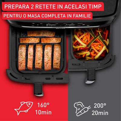 Friteuză cu aer cald dublă Tefal Dual Easy Fry XXL EY9428E0, 2700W, capacitate 11 L - Air fryer cu 7 programe automate, vase detașabile antiaderente, display LCD, temperatură reglabilă 40-220&deg;C, negru