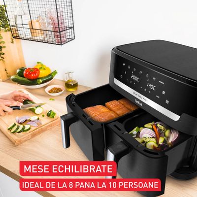 Friteuză cu aer cald dublă Tefal Dual Easy Fry XXL EY9428E0, 2700W, capacitate 11 L - Air fryer cu 7 programe automate, vase detașabile antiaderente, display LCD, temperatură reglabilă 40-220°C, negru