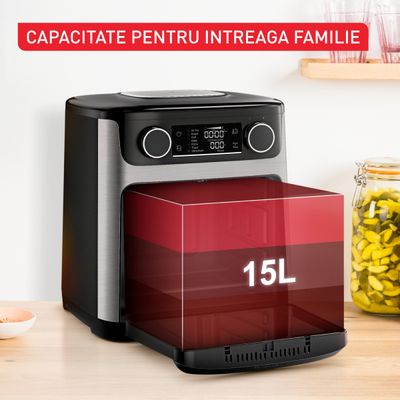 Friteuză cu aer cald Tefal Easy Fry FW556DE0 1800W, 15L - Air fryer cu 9 programe automate, tehnologie Extra-Crisp, temperatură ajustabilă, ecran LCD, argintiu & negru