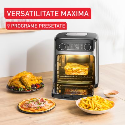 Friteuză cu aer cald Tefal Easy Fry FW556DE0 1800W, 15L - Air fryer cu 9 programe automate, tehnologie Extra-Crisp, temperatură ajustabilă, ecran LCD, argintiu & negru