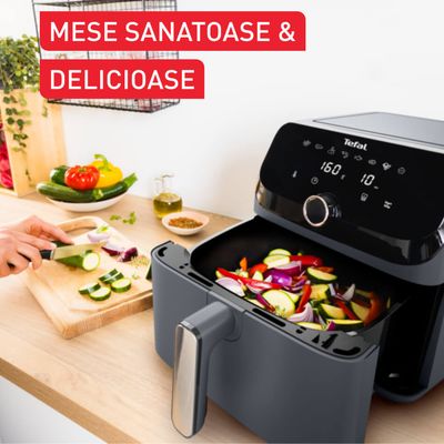 Friteuză cu aer cald Tefal Easy Fry Mega EY855BE0, 2020W, 7.5 L - Air fryer cu 8 programe automate, vas detașabil, display LCD, temperatură 80°C - 200°C, timer 60 minute, gri