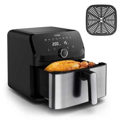 Friteuză cu aer cald Tefal Easy Fry Mega EY855D10, 2020W, capacitate 7.5L, până la 8 persoane - Air fryer cu 8 programe, înveliș antiaderent, oprire automată, control temperatură 80°C - 200°C, argintiu & negru