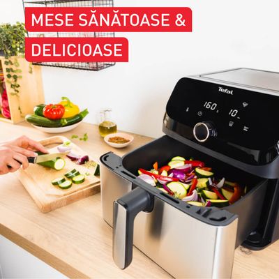 Friteuză cu aer cald Tefal Easy Fry Mega EY855D10, 2020W, capacitate 7.5L, până la 8 persoane - Air fryer cu 8 programe, înveliș antiaderent, oprire automată, control temperatură 80°C - 200°C, argintiu & negru