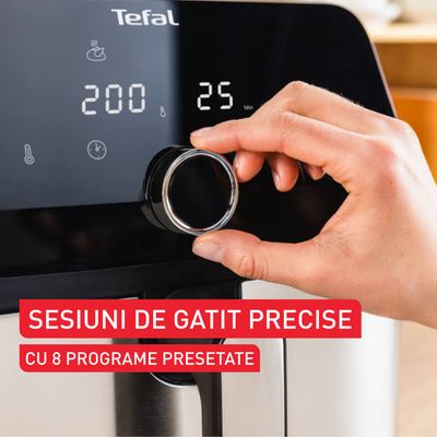 Friteuză cu aer cald Tefal Easy Fry Mega EY855D10, 2020W, capacitate 7.5L, până la 8 persoane - Air fryer cu 8 programe, înveliș antiaderent, oprire automată, control temperatură 80°C - 200°C, argintiu & negru
