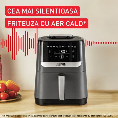 Friteuză cu aer cald Tefal Easy Fry Silence EY551HE0, 1670W, 5L - Air fryer cu 10 programe automate, ecran LCD, silențioasă, cu mâner fix, cronometru, gri