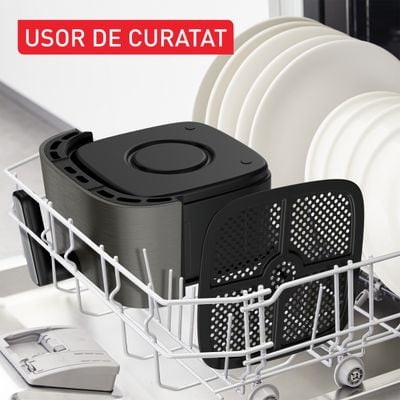 Friteuză cu aer cald Tefal Easy Fry Silence EY551HE0, 1670W, 5L - Air fryer cu 10 programe automate, ecran LCD, silențioasă, cu mâner fix, cronometru, gri