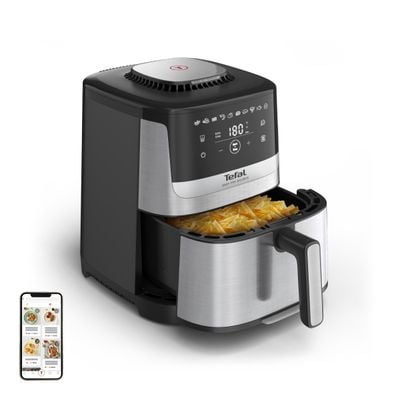 Friteuză cu aer cald Tefal Easy Fry Silence EY552DE0, 1670W, 5L - Air fryer cu 10 programe automate, ecran LCD, silențioasă, cu mâner detașabil, cronometru, argintiu & negru