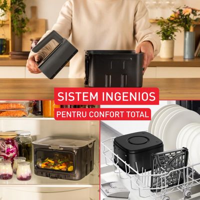Friteuză cu aer cald Tefal Easy Fry Silence EY846HE0, 1800W, 7L - Air fryer cu 10 programe automate, ecran LCD, silențioasă, tehnologie Extra Crisp, oprire automată, gri