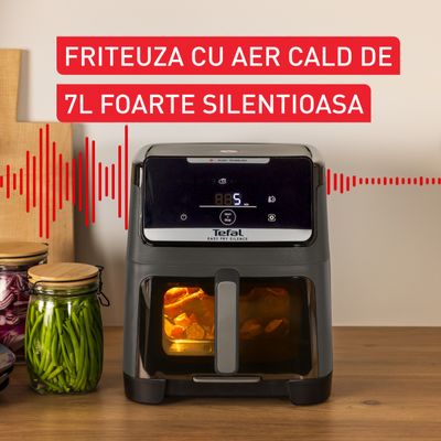 Friteuză cu aer cald Tefal Easy Fry Silence EY846HE0, 1800W, 7L - Air fryer cu 10 programe automate, ecran LCD, silențioasă, tehnologie Extra Crisp, oprire automată, gri