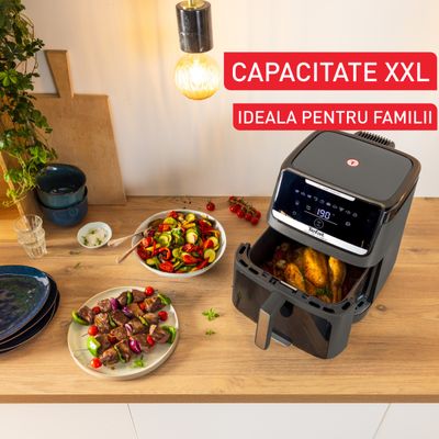 Friteuză cu aer cald Tefal Easy Fry Silence EY846HE0, 1800W, 7L - Air fryer cu 10 programe automate, ecran LCD, silențioasă, tehnologie Extra Crisp, oprire automată, gri