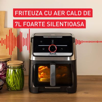 Friteuză cu aer cald Tefal Easy Fry Silence EY876DE0, 1800W, capacitate 7 L, 12 programe, oprire automată, temperatură ajustabilă, ecran LCD, tehnologie Extra-Crisp, argintiu & negru