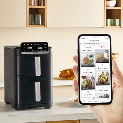 Friteuza dubla cu aer cald Tefal Easy Fry Crispy Stack EY7528E0, 2700 W, 10 L - Air fryer cu 7 programe automate, 2 compartimente, temperatura ajustabila, display digital, oprire automata, negru