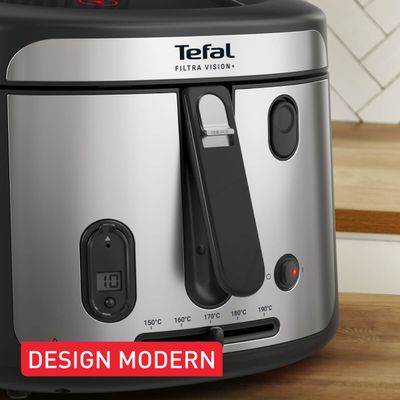 Friteuză Tefal Filtra Vision+ FF2588E0, 1900W, capacitate ulei 2.1L, capacitate alimente 1.2 KG, înveliș antiaderent, filtru metalic, fereastră pentru monitorizare, argintiu & negru