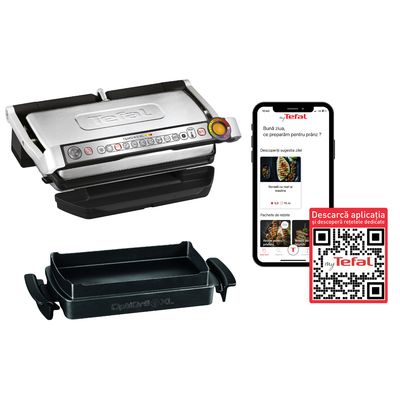 Grătar electric OptiGrill+ XL Snacking & Baking GC724D12, 9 programe, indicator nivel gătire, mod manual 4 nivele, plăci antiaderente din aluminiu turnat, tavă colectare lichide, tavă gustare și coacere, argintiu
