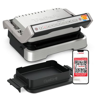 Grătar electric 4in1 multifuncțional TEFAL OptiGrill Inox GC774D30, 9 programe, conectivitate la aplicație, tava pentru cuptor, tavi detasabile, argintiu & negru