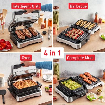 Grătar electric 4in1 multifuncțional TEFAL OptiGrill Inox GC774D30, 9 programe, conectivitate la aplicație, tava pentru cuptor, tavi detasabile, argintiu & negru