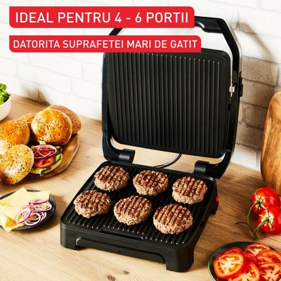 Grătar electric multifuncțional Tefal Inicio Panini Maker & Grill GC271810, 2180W, până la 6 persoane, suprafață antiaderentă de gătit 29x26 cm, depozitare verticala, tavă suc detașabilă, negru