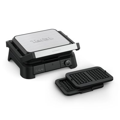 Gratar electric multifunctional Tefal SuperGrill 4-in-1 GC517DE0, 2000 W, placi detasabile, 3 trepte temperatura, functie cuptor, barbeque si waffle, 600 cm2, negru & argintiu