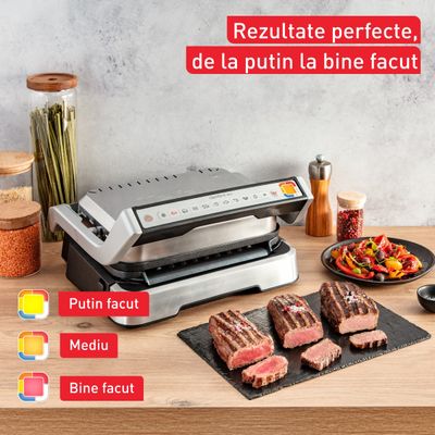 Grătar electric Tefal OptiGrill 2 în 1 GC773D30, 2100W, clește inclus, 9 programe de gătire automate, indicator gătire, plăci detașabile cu înveliș antiaderent, argintiu