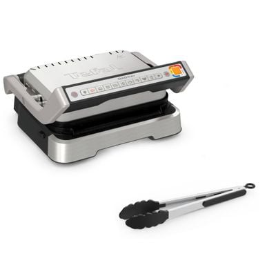 Grătar electric Tefal OptiGrill 2 în 1 GC773D30, 2100W, clește inclus, 9 programe de gătire automate, indicator gătire, plăci detașabile cu înveliș antiaderent, argintiu
