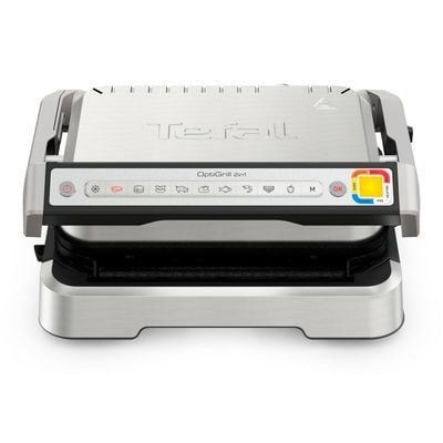 Grătar electric Tefal OptiGrill 2 în 1 GC773D30, 2100W, clește inclus, 9 programe de gătire automate, indicator gătire, plăci detașabile cu înveliș antiaderent, argintiu