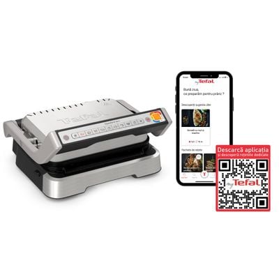 Grătar electric Tefal OptiGrill 2 în 1 GC773D30, 2100W, clește inclus, 9 programe de gătire automate, indicator gătire, plăci detașabile cu înveliș antiaderent, argintiu