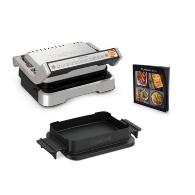 Grătar electric 4in1 multifuncțional TEFAL OptiGrill Inox GC774D30, 9 programe, conectivitate la aplicație, tava pentru cuptor, tavi detasabile, argintiu & negru
