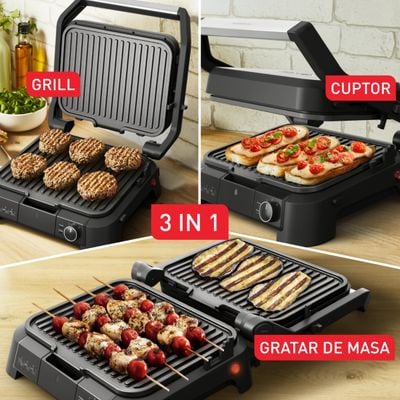 Gratar electric Tefal SuperGrill 3 in 1 GC5108E0, 2000W, indicator gătire, plăci detașabile cu înveliș antiaderent, 3 trepte temperatură, funcție cuptor & barbeque, 600 cm2, negru