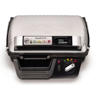 Grătar electric Tefal SuperGrill UC700 GC451B12, 2000W, cronometru digital, 3 poziții ajustabile, plăci detașabile cu înveliș antiaderent, argintiu
