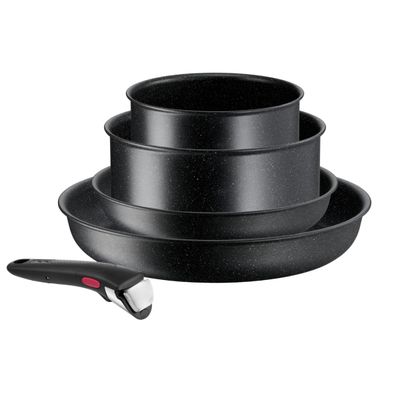 Set de 5 piese Tefal Ingenio Black Stone L3998953, tigaie 22/28 cm, cratita 16/20 cm, maner detasabil, invelis antiaderent Mineralia+, indicator Thermo-Signal™, inductie, negru