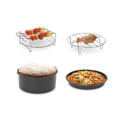 Set 4 accesorii Tefal XA113010, 20 cm, compatibile cu friteuzele Easy Fry XXL, tavă pentru pizza, vas pentru copt, grătar pentru friptură, suport pentru frigărui, inox și strat antiaderent, negru