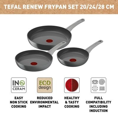 Set de 3 tigai Tefal Renew On C4279132, 20/24/28 cm, 100% aluminiu reciclat, indicator Thermo-Signal, compatibil cu inductia, invelis ceramic, gri