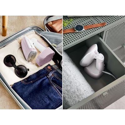 Aparat de călcat vertical pliabil Tefal ACCESS STEAM POCKET DT3050E1, 1300W, abur variabil 20 g/min, oprire automata, husă pentru transport, alb & roz