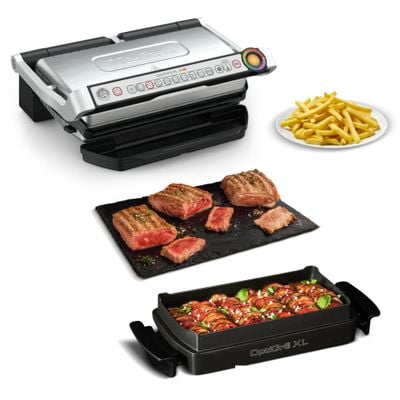 Grătar electric OptiGrill+ XL Snacking & Baking GC724D12, 9 programe, indicator nivel gătire, mod manual 4 nivele, plăci antiaderente din aluminiu turnat, tavă colectare lichide, tavă gustare și coacere, argintiu