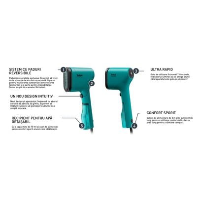 Aparat de călcat vertical cu abur Tefal Pure Pop DT2024E1, 1300 W, abur variabil până la 20g/min, recipient apa 70 ml, încălzire rapidă 15 sec, verde