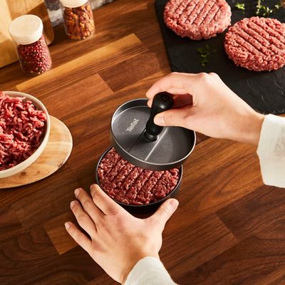 Presă pentru burgeri Tefal K1851134, 12 cm, acoperire antiaderentă, crestături pentru formare uniformă, compatibilă cu mașina de spălat vase, gri & negru