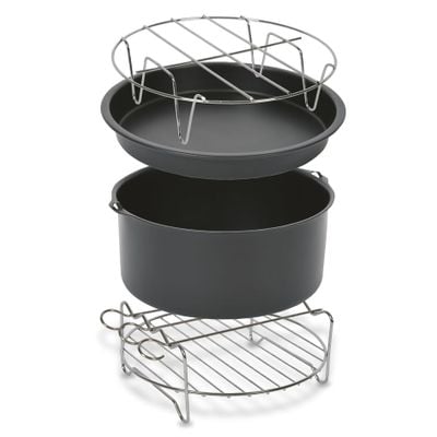 Set 4 accesorii 17cm friteuze Basket set XL Tefal XA112010, tava pizza, vas copt, gratar friptura, suport frigarui, inox si strat antiaderent, negru