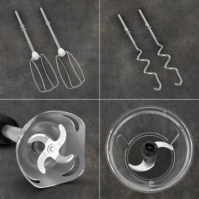 Mixer de mana Tefal Powermix Silence 4 in 1 HT663AF0, 850 W, 6 trepte de viteza, functie Turbo, maner ergonomic, 2 teluri inox, 2 carlige pentru aluat, picior pasator, tocator, pahar gradat, crem & negru