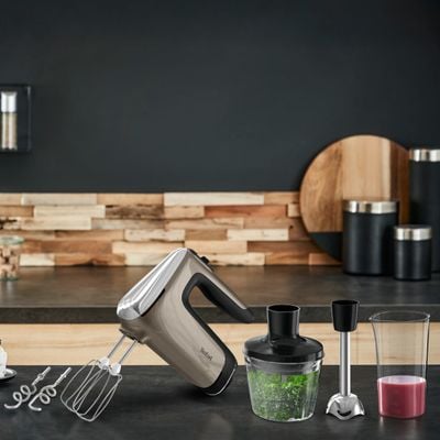 Mixer de mana Tefal Powermix Silence 4 in 1 HT663AF0, 850 W, 6 trepte de viteza, functie Turbo, maner ergonomic, 2 teluri inox, 2 carlige pentru aluat, picior pasator, tocator, pahar gradat, crem & negru