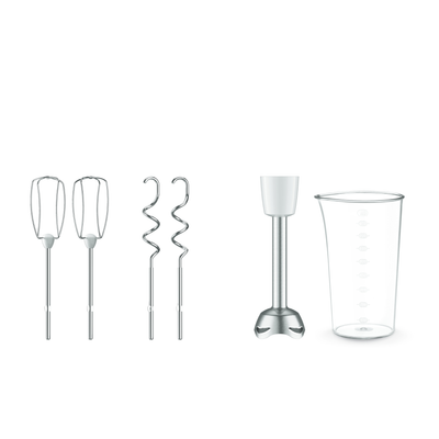 Mixer de m&acirc;nă Prep'Mix HT462138, 500 W, 5 trepte de viteză, funcție Turbo, 2 teluri, 2 c&acirc;rlige, picior pasator, pahar gradat, alb