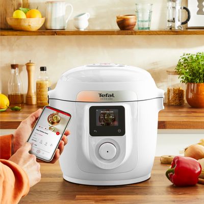 Multicooker inteligent cu gatire sub presiune Tefal Cook4Me Wi-Fi 10 in 1 CY9621F2, 10 programe de gatire, vas ceramic antiaderent 6 L, Wi-Fi, ecran LCD, aplicatie dedicata, pana la 6 persoane, alb