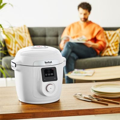 Multicooker inteligent cu gatire sub presiune Tefal Cook4Me Wi-Fi 10 in 1 CY9621F2, 10 programe de gatire, vas ceramic antiaderent 6 L, Wi-Fi, ecran LCD, aplicatie dedicata, pana la 6 persoane, alb