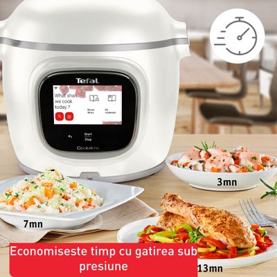 Multicooker inteligent Tefal Cook4me Touch Pro CY9441F2, 1600W, vas cu înveliș ceramic antiaderent 6L, 13 programe de gătire, cântar integrat, 250 rețete preinstalate, ecran tactil, coș pentru gătire la abur, alb