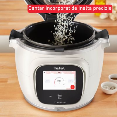 Multicooker inteligent Tefal Cook4me Touch Pro CY9441F2, 1600W, vas cu înveliș ceramic antiaderent 6L, 13 programe de gătire, cântar integrat, 250 rețete preinstalate, ecran tactil, coș pentru gătire la abur, alb