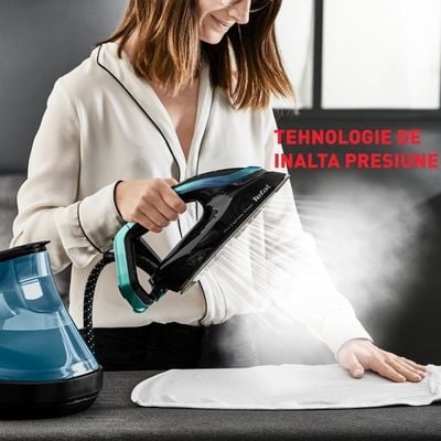 Stație de călcat cu boiler Tefal Pro Express Vision GV9822E1, 9 bari, 3000W, jet de abur 750 g/min, abur variabil 0-180 g/min, talpa Durilium Airglide Autoclean, rezervor apă detașabil 1.2L, negru & albastru